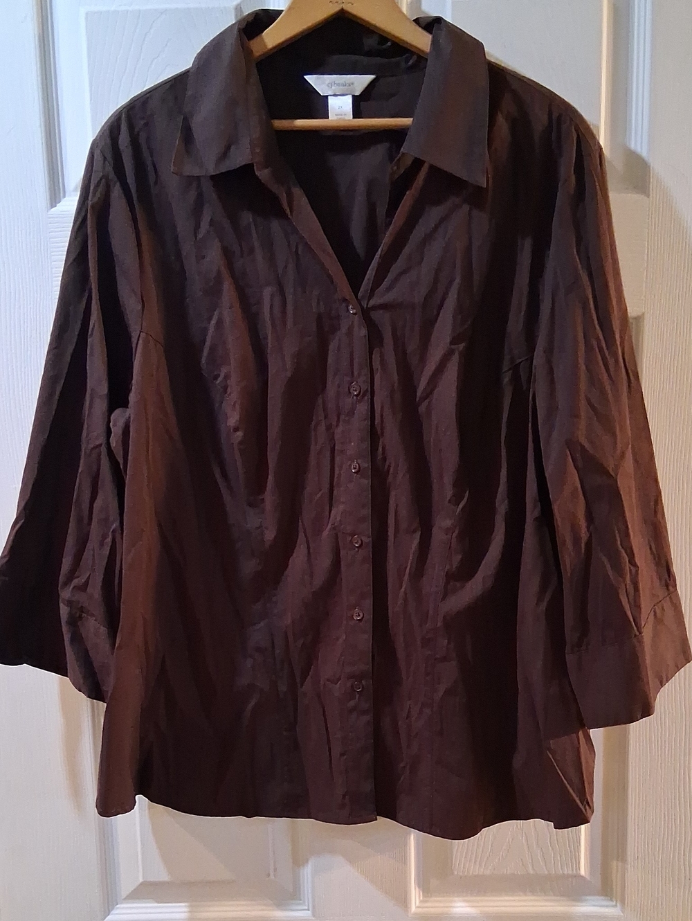 CJ Banks Chocolate Brown Button-Front Blouse 3/4 Sleeves